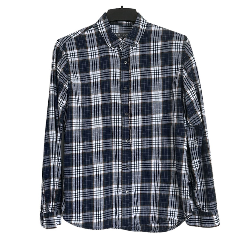 Slate & Stone Button Down Flannel Shirt Medium Blue Green Plaid Top Long Sleeve